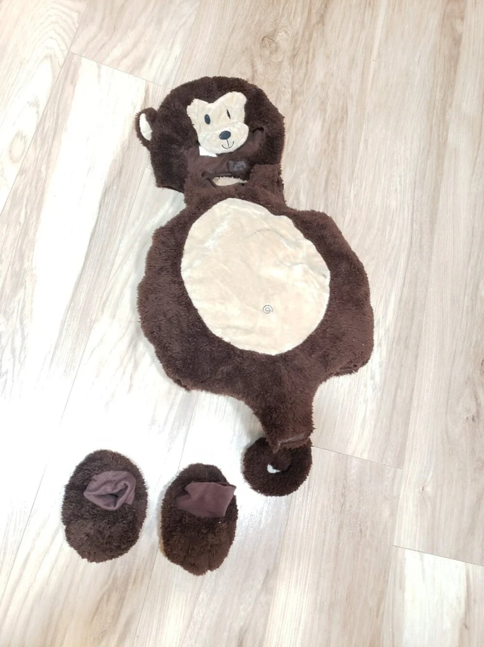 Brown Plush Fluffy Easy On Monkey Body Costume Matching Hat And Slippers 6-18 M